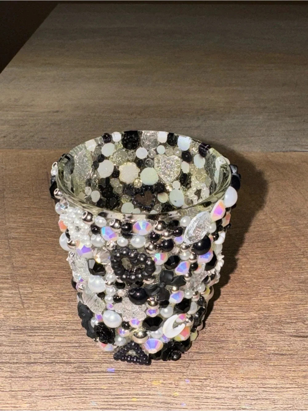 Handcrafted Black, White, Silver Bedazzled Shot Glass
